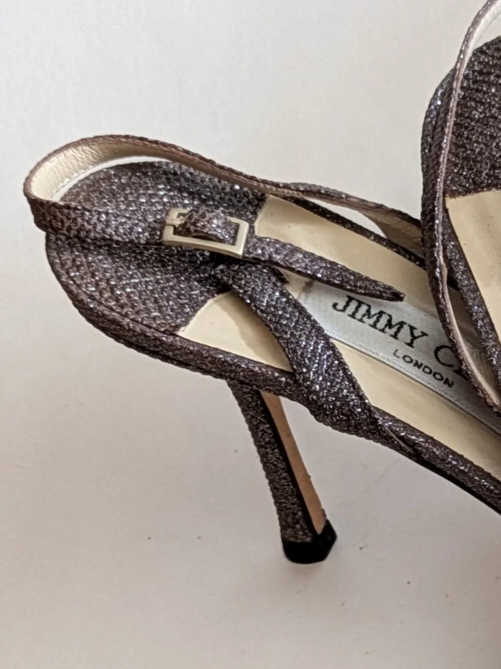 JIMMY CHOO SANDALS / brown embossed subtle sparkle fabric, thin strap  / size 39